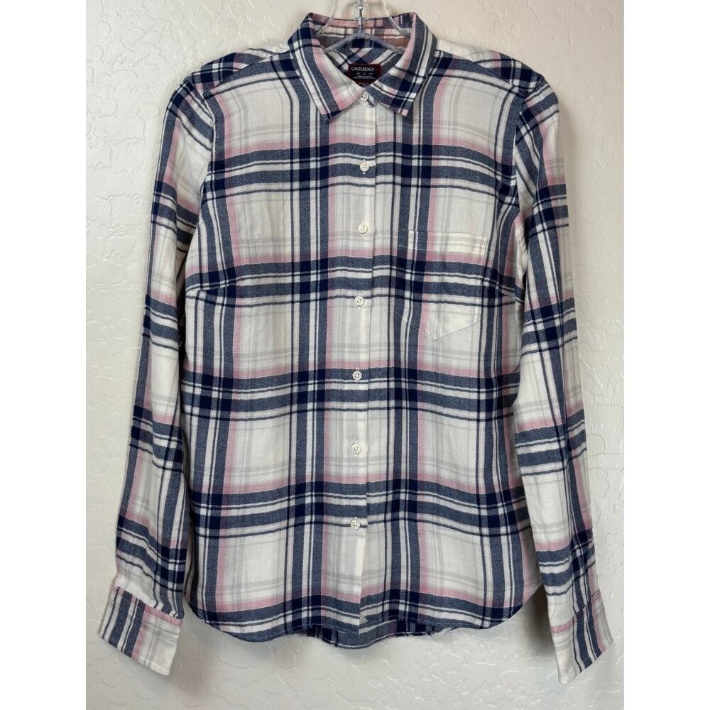 UNTUCKit De Toren Women Size 2 Plaid Button Down Shirt Navy Pink Cotton‎ 0974